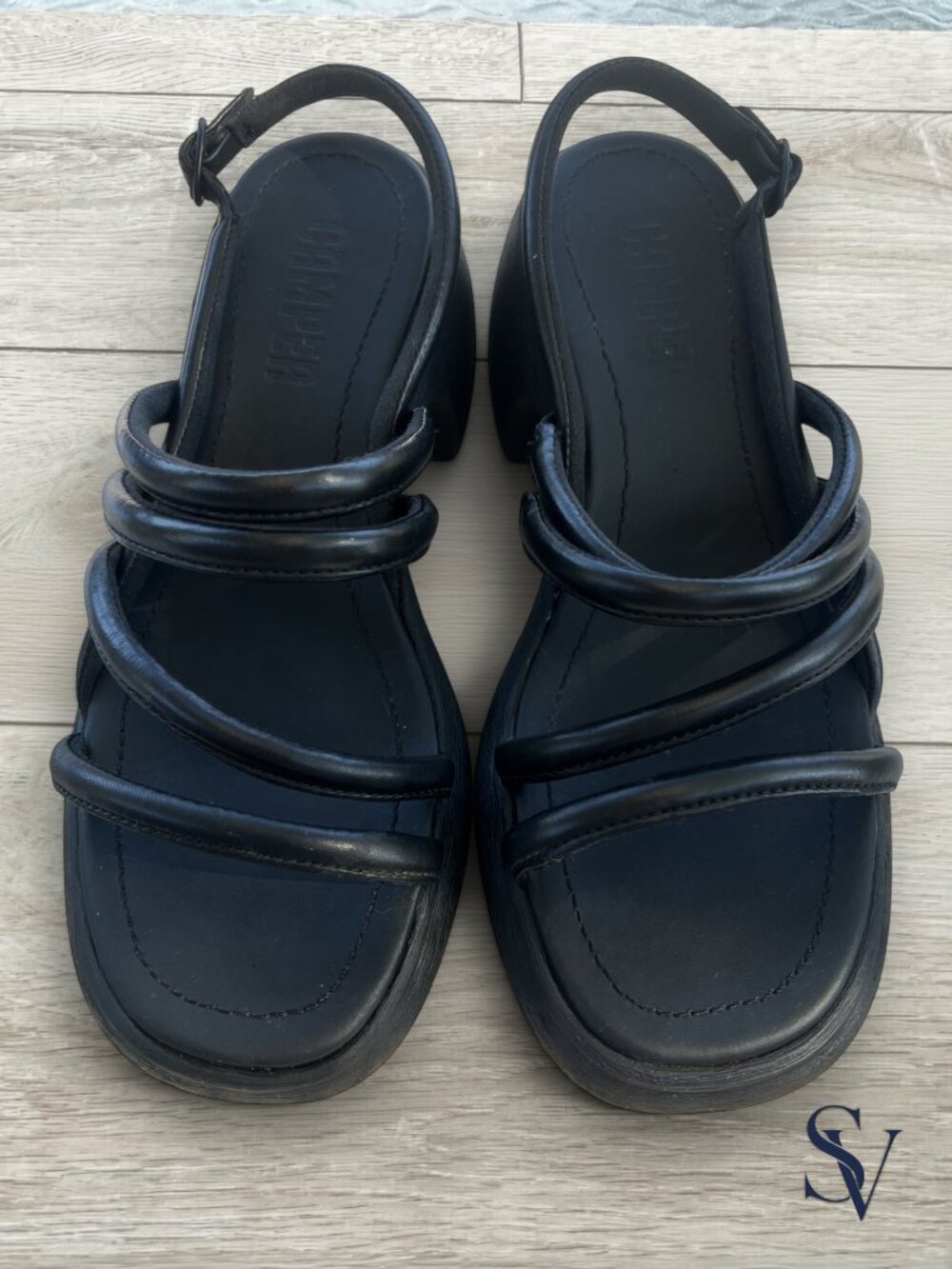 Camper Thelma Black Leather Strappy Chunky Block Heel Platform Sandals Size 38